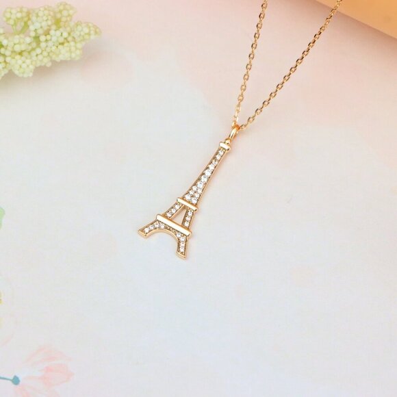 "Rose Gold Eiffel Tower Pendant Necklace with Sparkling Crystals, XPNL1883 - Picture 2 of 12